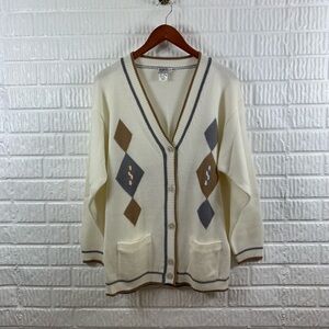 Tanjay Vintage Grandpa Cardigan‎ 90s Argyle Oversized Sweater Cream Medium 20C22